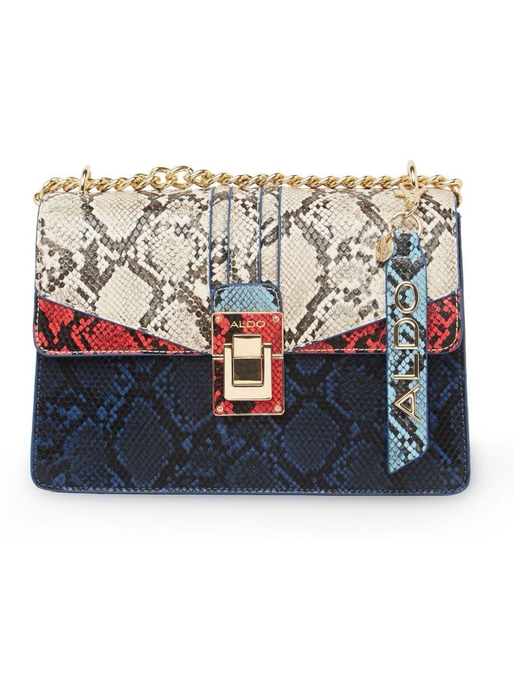 ALDO Multicolor Snake-Print Chain Crossbody Bag (Navy, Cream, Red, Light Blue)